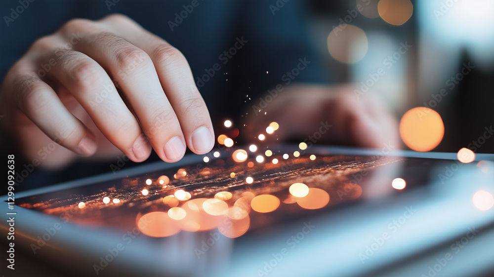 Aufkleber hand interacts with digital tablet, creating magical effect with glowing sparks. scene conveys sense