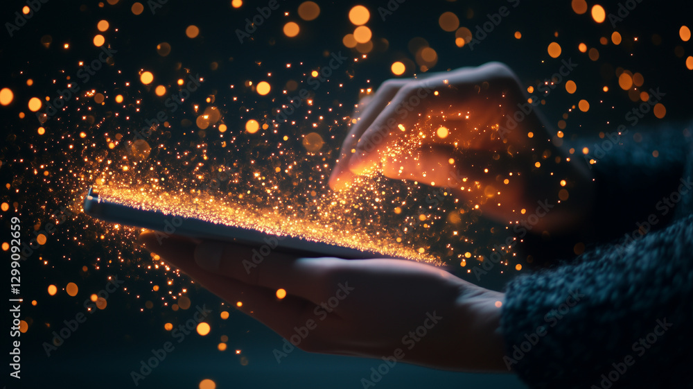 Aufkleber person using tablet, creating magical effect with glowing particles. scene conveys sense of wonder a