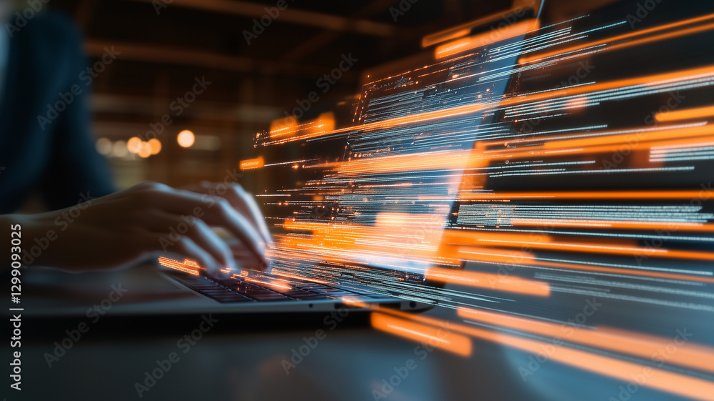 Aufkleber person typing on laptop with digital data streams flowing from screen, symbolizing technology and in