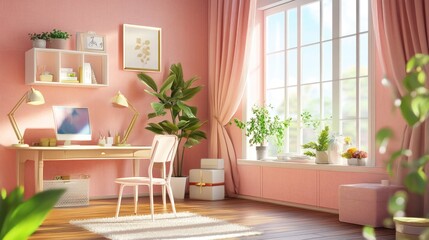 Fototapeta premium Pink Home Office with Plants and Sunlight