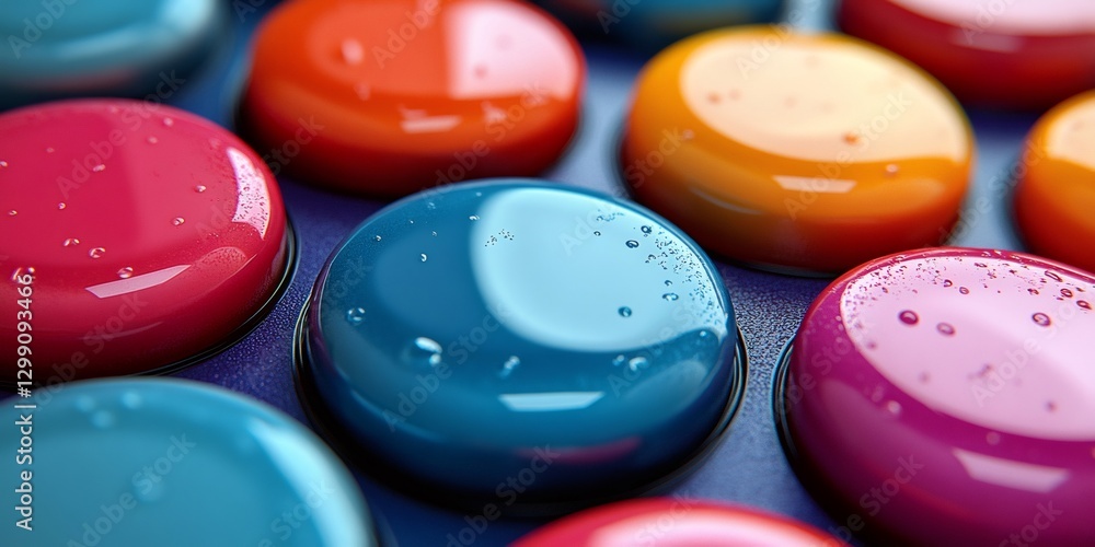 Poster colorful glossy buttons with water drops creating a vibrant and playful mood