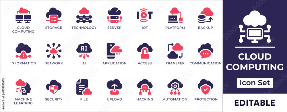 Poster flat icon set representing cloud computing, cloud storage, cybersecurity, data encryption, servers, 