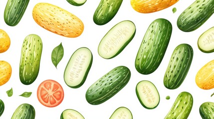 Colorful Watercolor Cucumbers in Fresh and Chaotic Arrangement