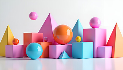 Fototapeta premium Colorful geometric shapes with vibrant spheres and pyramids for creative design and presentation