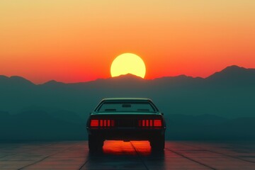 Obraz premium Vintage car against a stunning sunset backdrop.
