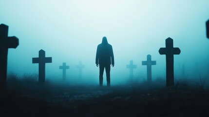 Mysterious Figure Standing in Foggy Graveyard Surrounded by Crosses