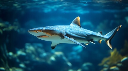 Shark swimming underwater in aquarium, showing sharp teeth