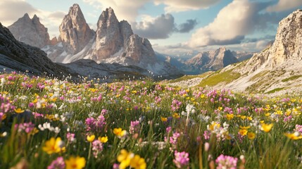 Spectacular Tre Cime di Lavaredo Mountains with Wildflowers Background - Nature Landscape Photography