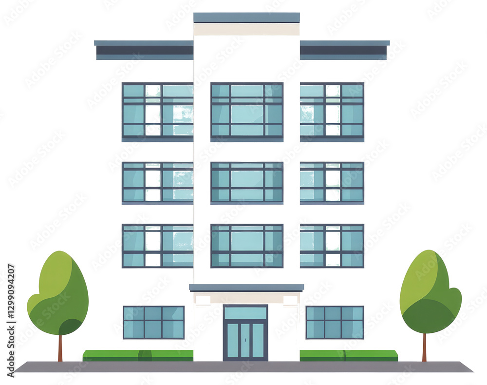 Poster a modern white apartment building with multiple rectangular windows