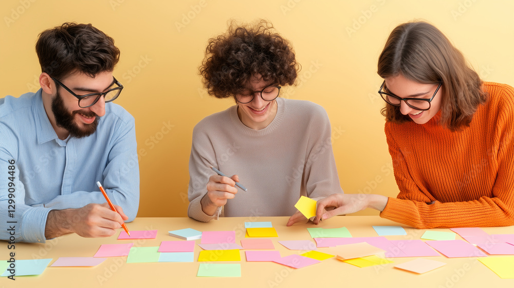 Poster creative team brainstorming with colorful sticky notes on table. engaged individuals collaborate, sh