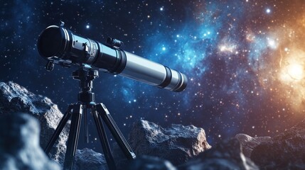 Telescope Observing Distant Galaxy with Nebula and Stars on Rocky Surface