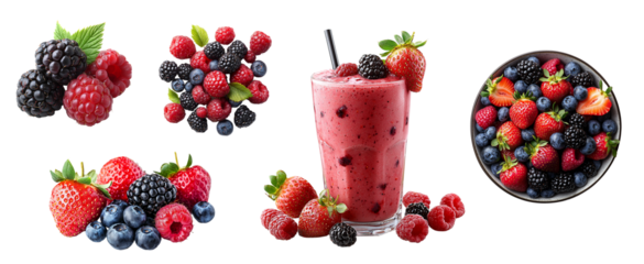 Set of red fruits, berries or berries. Blueberry, blackberry, strawberry, raspberry, isolated on transparent background. Smoothie and bowl with berries. Different angles, top view, cutout. PNG