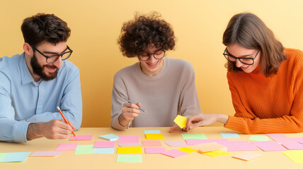 Creative team brainstorming with colorful sticky notes on table. Engaged individuals collaborate, sharing ideas and writing on notes, fostering innovation and teamwork
