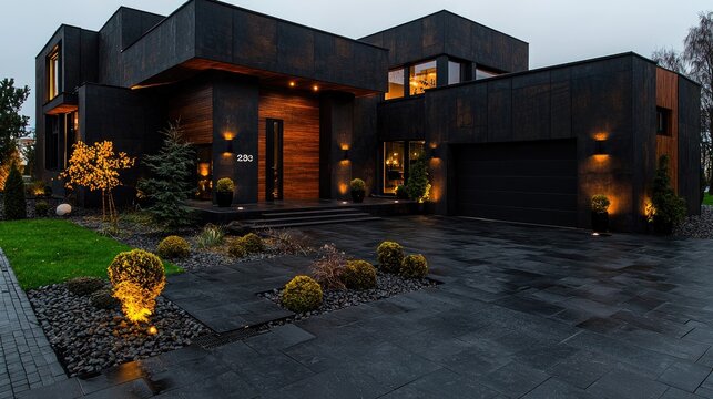 Modern black house, evening lighting, landscaped yard, suburban setting, real estate
