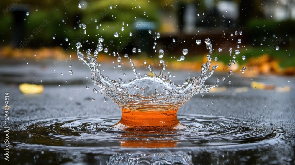 Poster water drop collision creating crown splash effect on wet asphalt