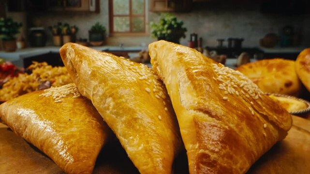 Samosa, samsa meat stuffed pies, oriental style, middle eastern arabian or indian pie with meat. Uzbek national dish samosa.