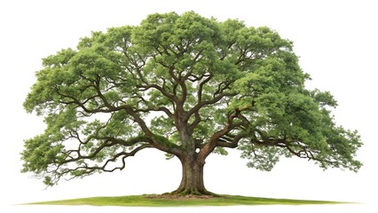 Obraz premium A single green oak, its tall foliage a summer illustration, isolated on white