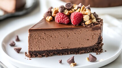 Chocolate mousse cake slice, rich dark chocolate ganache, fresh raspberries, crushed hazelnuts, ornate dessert plate, gourmet pastry, food photography, soft lighting.