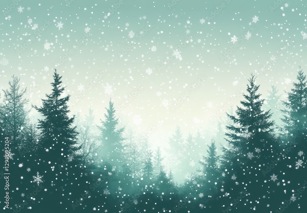 Poster tranquil winter landscape with evergreen trees and soft snowfall on a peaceful day in a frosty fores