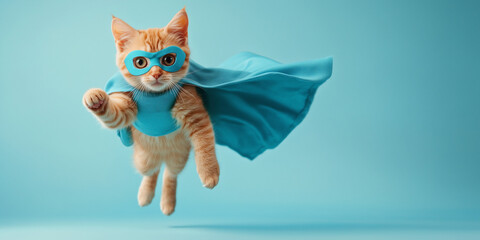 Superhero cat, cute orange tabby kitty with a blue cape