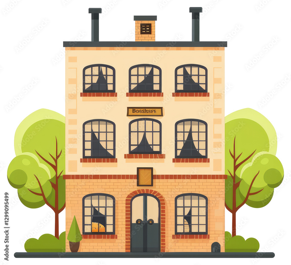 Poster a stylized image of a building with broken windows and trees