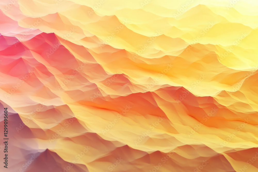 Poster abstract low-poly landscape of warm-toned mountains and valleys in a hazy atmosphere.