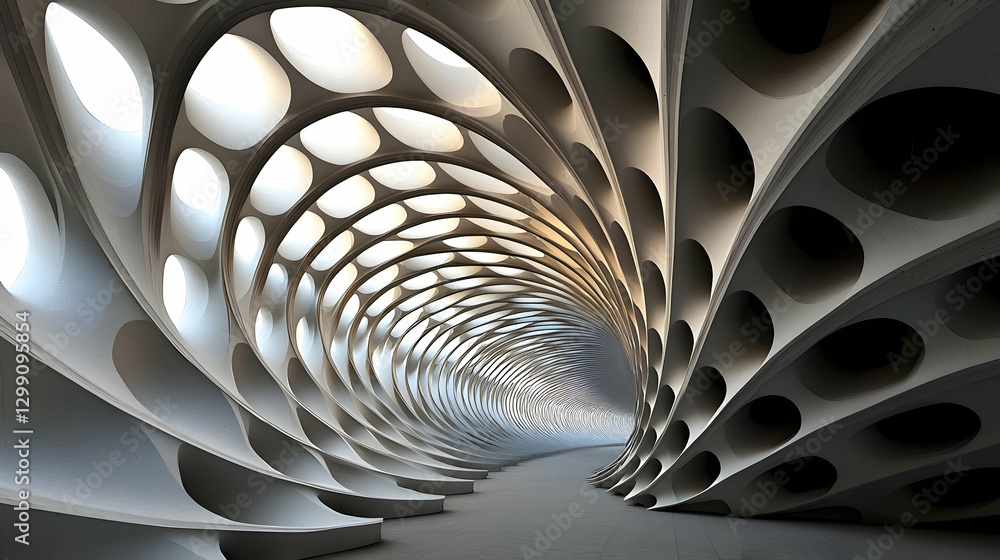 Poster abstract architectural tunnel with geometric pattern and white light emitting from circular aperture