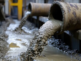 Industrial discharge, effluent flowing from pipes in a manufacturing setting