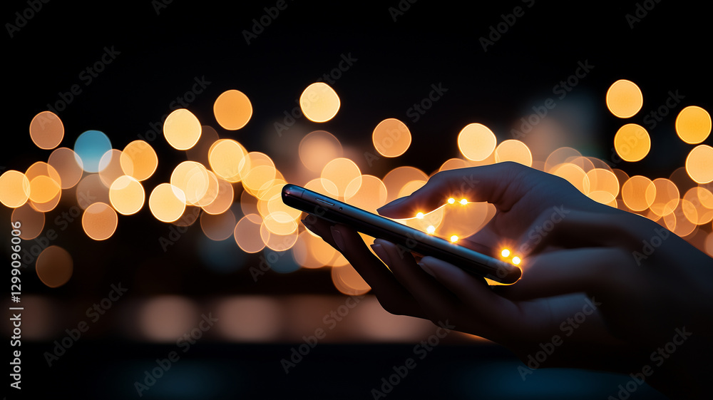 Aufkleber hand holding smartphone with glowing lights against blurred background of warm bokeh. image conveys 