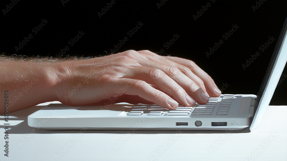 Aufkleber close up of hand typing on white laptop keyboard, showcasing focus and productivity in modern worksp