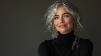 Fototapeta premium A profile view of an older woman with silver hair styled in a bun, wearing a black turtleneck.