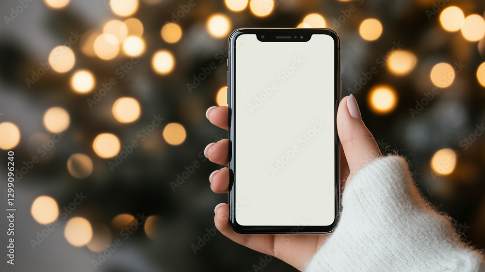 Aufkleber person holding smartphone with blank screen, surrounded by soft bokeh lights, creating warm and invi