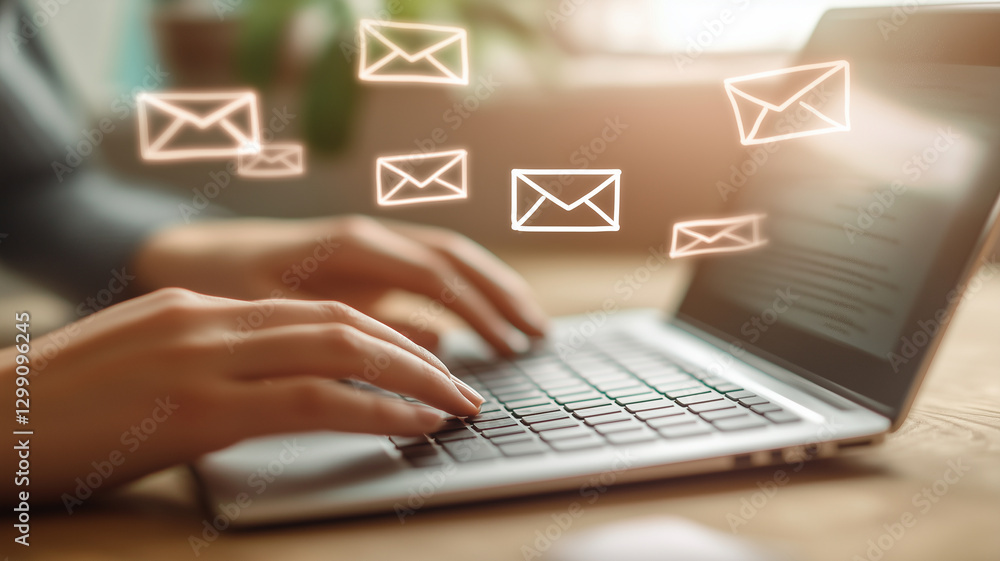 Aufkleber hands typing on laptop with floating email icons, symbolizing communication and digital interaction.