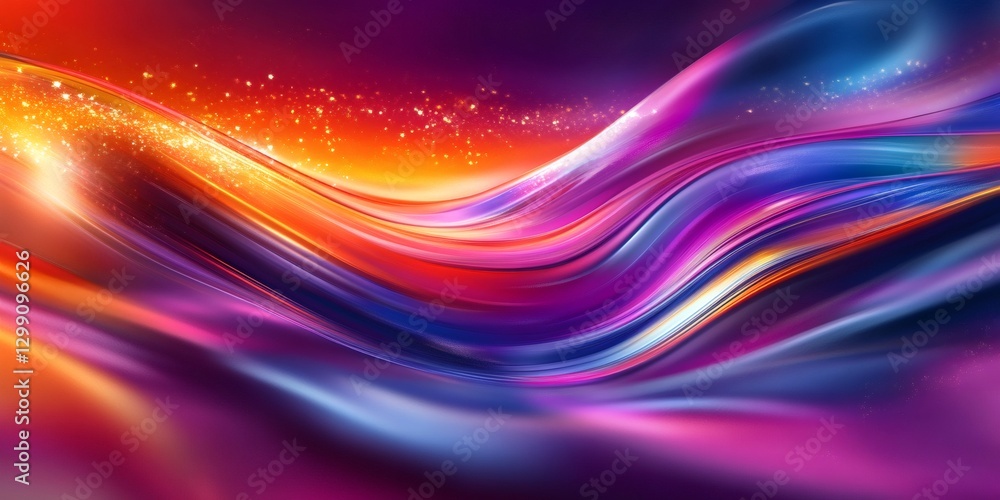 Poster colorful abstract waves flowing with sparkling particles