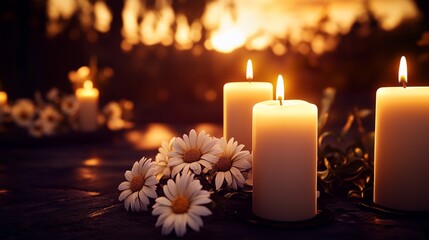 Candlelit Remembrance: A tender moment of remembrance, illuminated by the gentle glow of lit candles, accompanied by delicate flowers, creating a warm and comforting atmosphere.