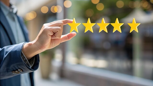 Achieving Excellence: A hand carefully places a golden star in a row, emphasizing top-notch service, and aiming for the perfect customer satisfaction rating.
