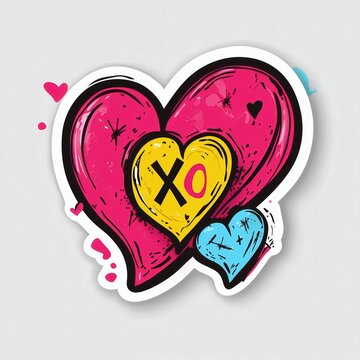 Vibrant Vector Art Sticker: Clean White Background, XoO Heart with Pink and Blue Graffiti Style Text, Expressive and Colorful Design.