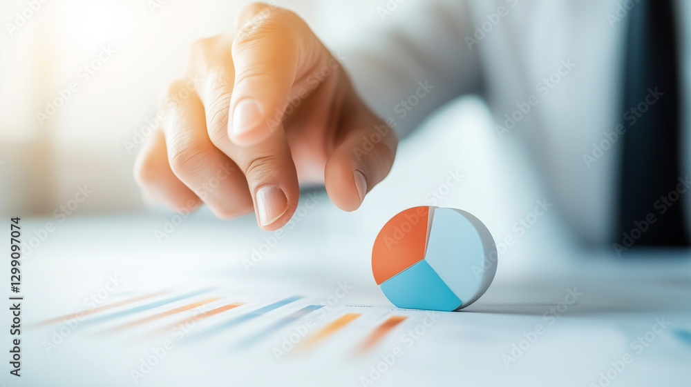 Poster business professional analyzing data with pie chart and graphs, showcasing insights and trends in mo