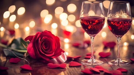 Romantic Valentine"s Day Atmosphere with Heart-Shaped Bokeh and Rose