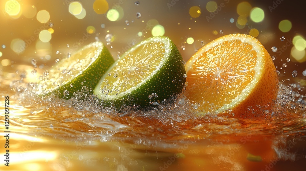 Poster fresh citrus slices in splashing water with bokeh background