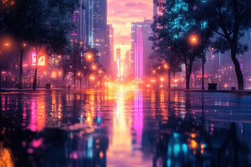 Obraz premium Rain-soaked city street at night, neon lights reflecting on wet pavement, vibrant urban scene.