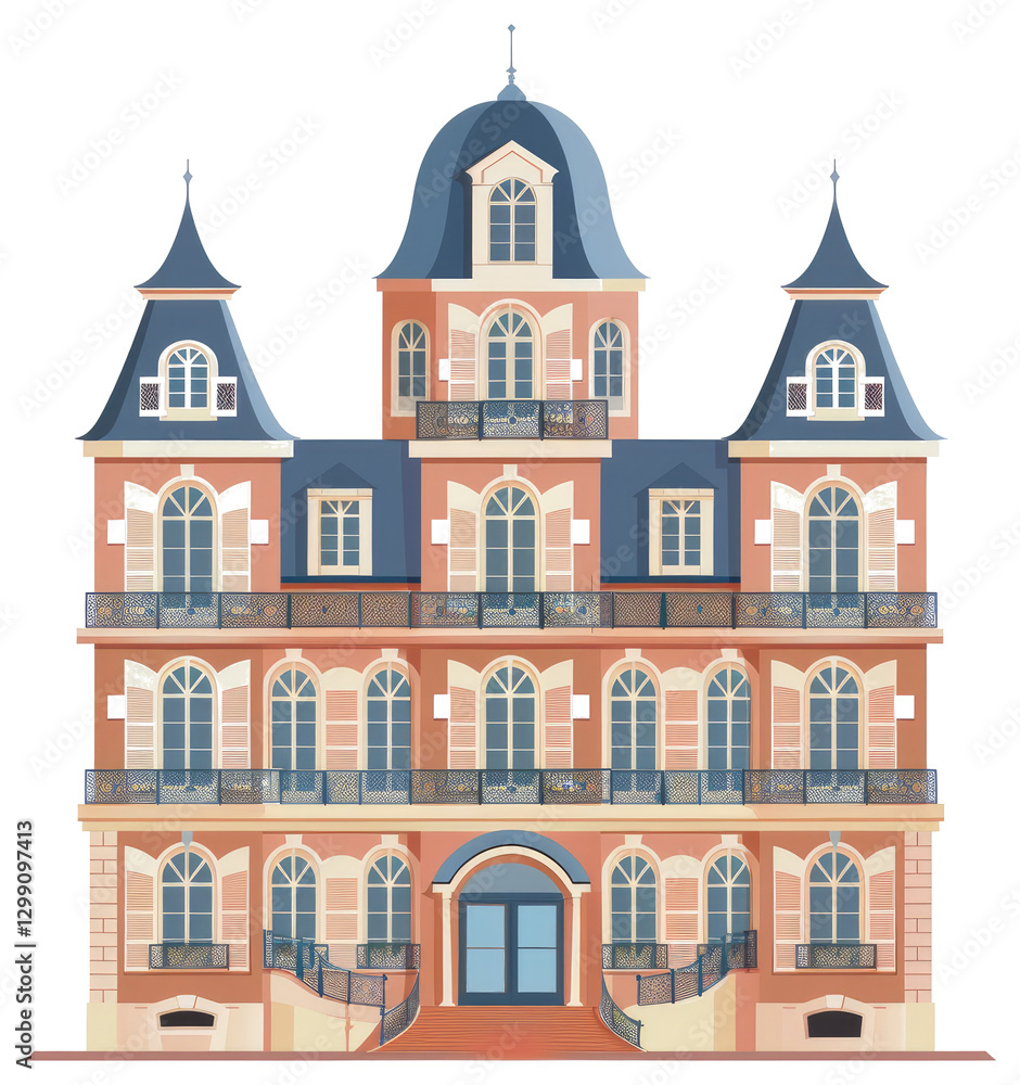 Poster a large building with multiple floors and various decorative elements
