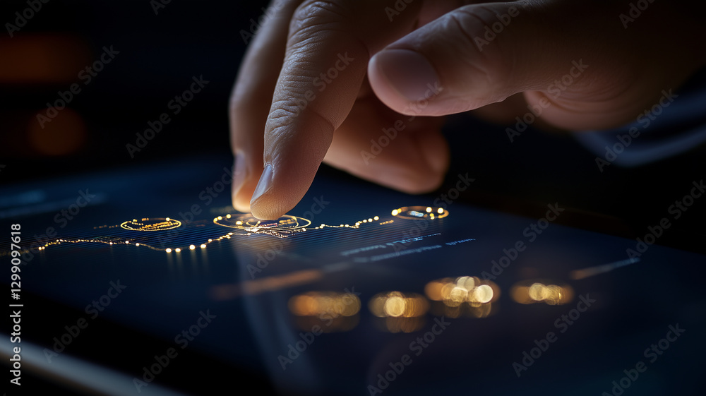 Aufkleber person interacting with digital tablet displaying financial data and graphs, showcasing technology a
