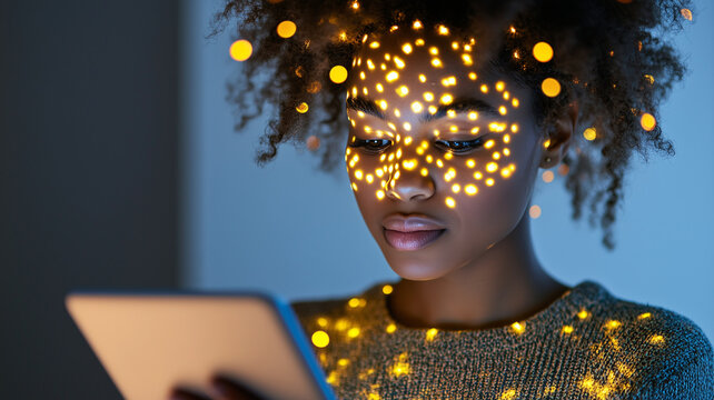 young woman with curly hair is illuminated by glowing lights on her face while using tablet. warm ambiance creates magical and tech savvy atmosphere
