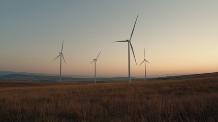 Obraz premium Wind turbines stand in a grassy field at sunset, generating clean renewable energy.