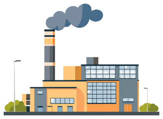 Naklejka premium A large industrial factory building releases smoke from its smokestack