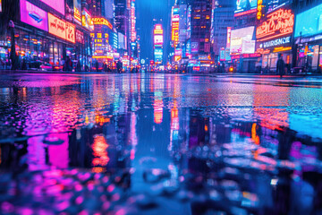 Rainy night in a vibrant city, neon lights reflecting on wet pavement, creating a mesmerizing urban scene.