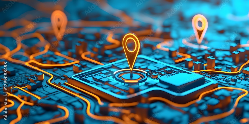 Poster abstract digital city map with glowing navigation pins urban environment 3d visualization futuristic