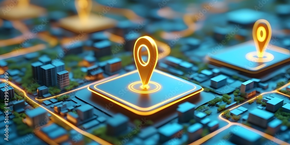 Poster navigating the future abstract digital city map with glowing navigation pins tech environment aerial