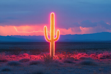 Neon cactus glows vibrantly against a desert sunset backdrop, illuminated by a dramatic lightning storm.